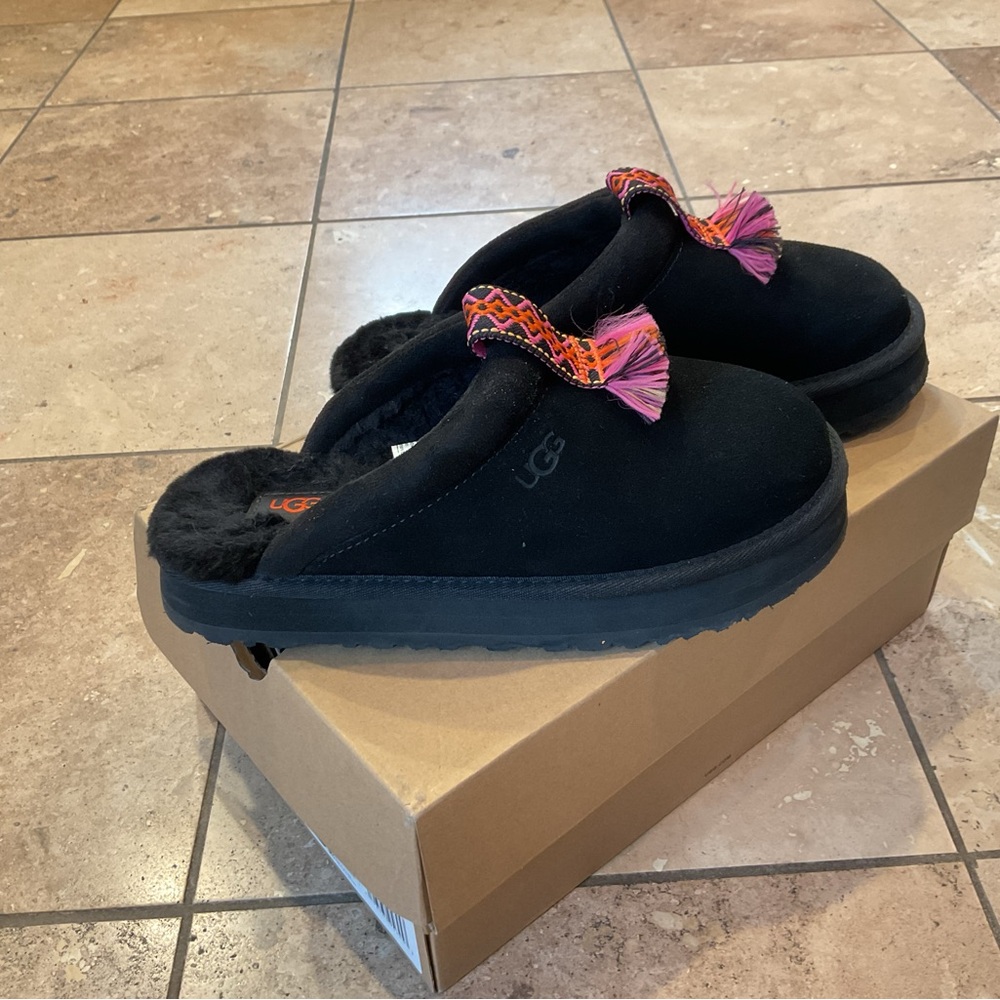 UGG Black Slippers with Pink and Orange Accents